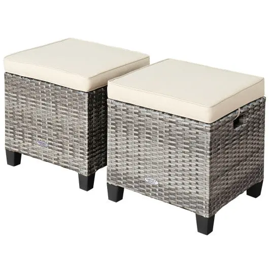 2 Pieces Patio Rattan Ottoman Seat With Removable Cushions-Beige 1