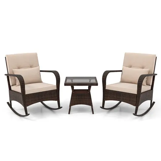 3 Piece Outdoor Rocking Set With Tempered Glass Coffee Table For Backyard Poolside-Brown 1