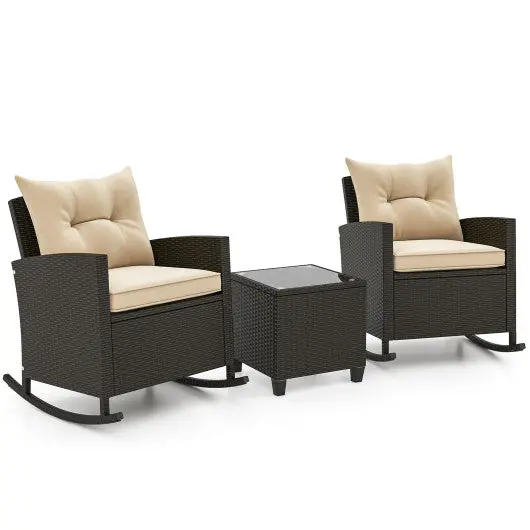 3-Piece Patio Rattan Roker Chairs With Tempered Glass Table And Soft Cushions-Beige 1