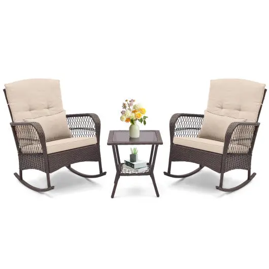 3 Pieces Rocking Bistro Set With 2-Tier Coffee Table-Brown 1