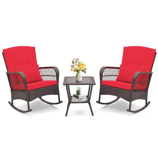 3 Pieces Rocking Bistro Set With 2-Tier Coffee Table-Red 1