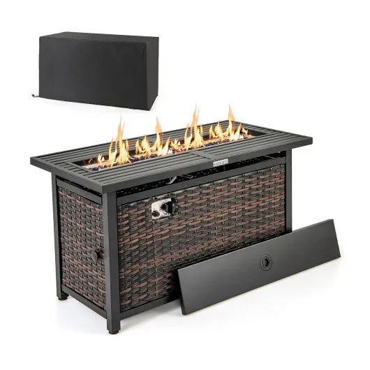45 Inch Propane Rattan Firepit Table With Glass Stones And Protective Cover-Mixed Brown 1