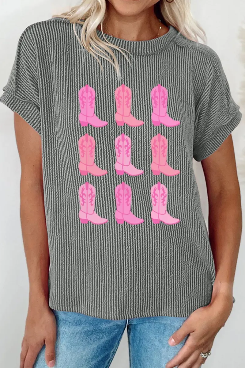 Boots Graphic Striped Round Neck Short Sleeve T-Shirt 1