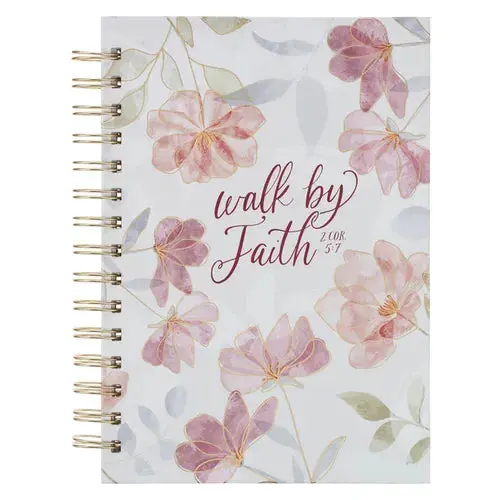 Christian Art Gifts Inspirational Journal, Walk By Faith Wide Ruled Notebook, 2 Corinthians 5:7 Bible Verse, Pink W/ White Florals, 192 Lined Pages W/ - Spiral 1