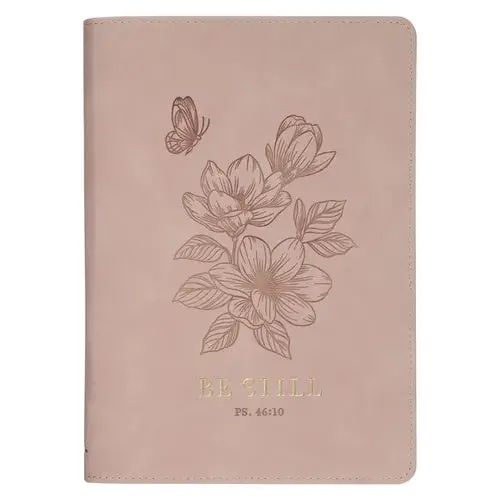 Christian Art Gifts Inspirational Zippered Journal, Be Still Wide Ruled Notebook, Psalm 46:10 Bible Verse, Pink Vegan Leather, 336 Lined Pages W/Scrip - Leather 1