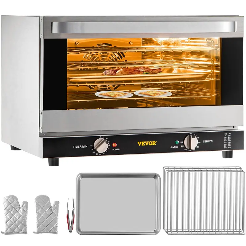 Commercial Convection Oven, 47L/43Qt, Half-Size Conventional Oven Countertop, 1600W 4-Tier Toaster W/ Front Glass Door, Electric Baking Oven W/ Trays Wire Racks Clip Gloves, 120V, Etl Listed 1