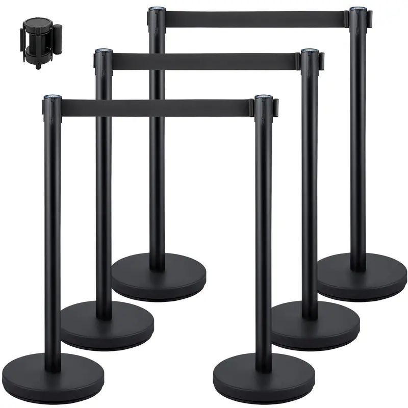 Crowd Control Stanchions, 6-Pack Solid Base Crowd Control Barriers With 3Pcs 6.6Ft Black Retractable Belts, Black Stanchion Queue Post, Belt Barriers Line Divider Stanchion Set 1
