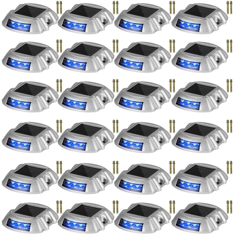 Driveway Lights 24-Pack, Solar Driveway Lights With Switch Button, Solar Deck Lights Waterproof, Wireless Dock Lights 6 Leds For Path Warning Garden Walkway Sidewalk Steps, Led Bright Blue 1