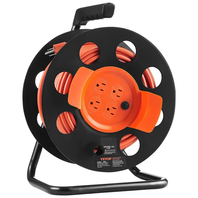 Extension Cord Reel, 100Ft, With 4 Outlets And Dust Cover, Heavy Duty 14Awg Sjtow Power Cord, Manual Cord Reel With Portable Handle Circuit Breaker, For Toolshed Garage, Tested To Ul Standards 1