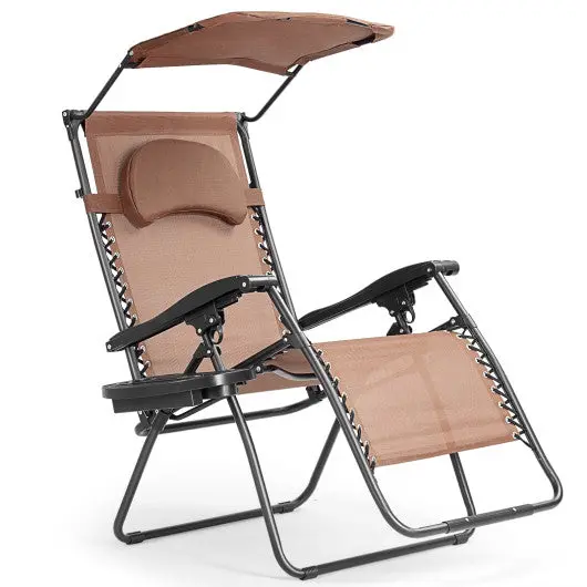 Folding Recliner Lounge Chair With Shade Canopy Cup Holder-Brown 1