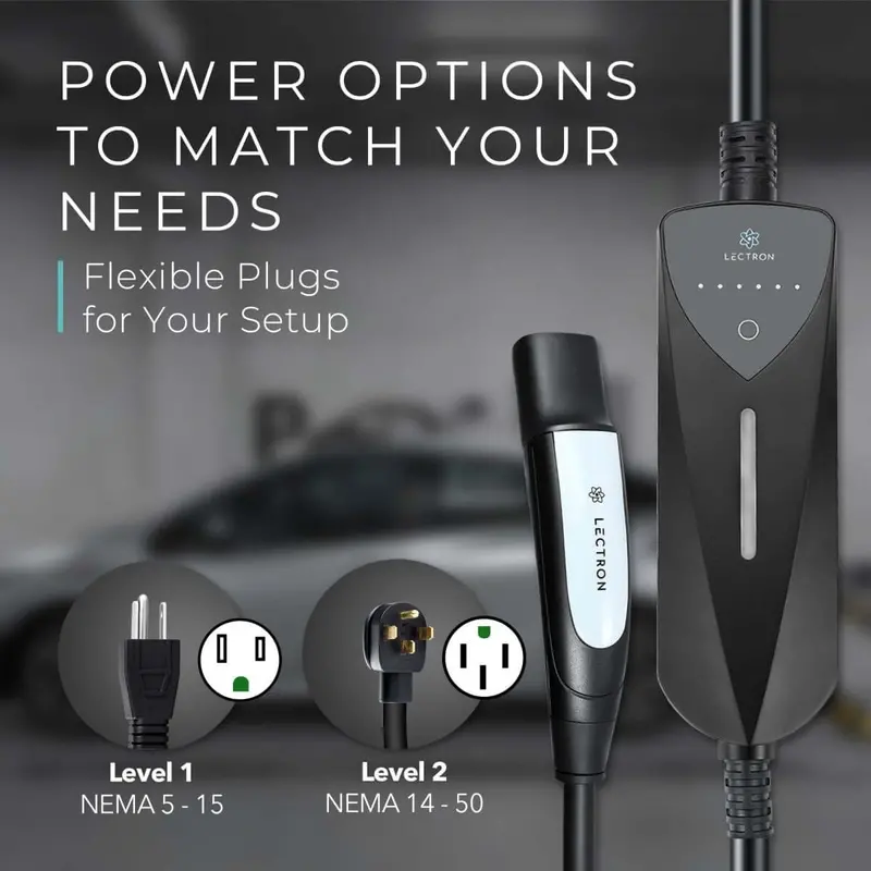 Lectron Portable Level 1 & 2 Tesla Nacs Ev Charger | 120V & 240V | Adjustable Current 8-40A | Nema 5-15 & 14-50 2