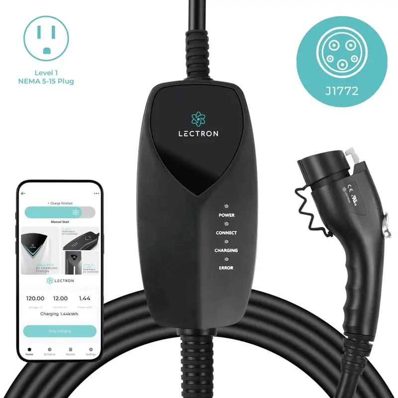Lectron Portable Level 1 J1772 Ev Charger (Wifi) With App Control | 120V | 12 Amp | Nema 5-15 | 16 Ft Cord 1