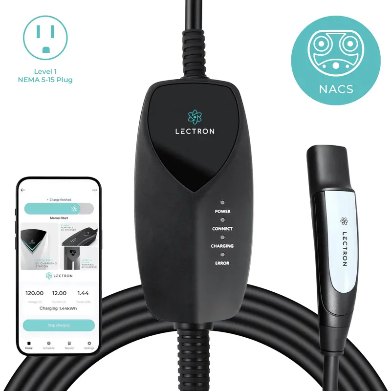 Lectron Portable Level 1 Tesla Ev Charger (Wifi) With App Control | 120V | 12 Amp | Nema 5-15 | 16 Ft Cord 1