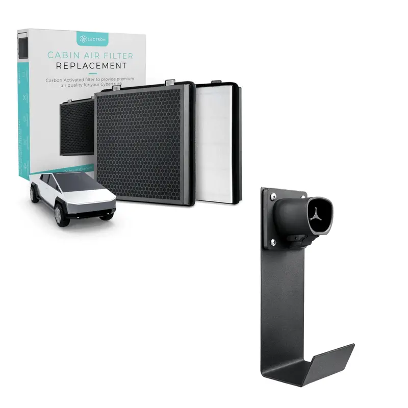 Lectron Tesla Cybertruck Accessories Kit - Nacs Ev Charger Nozzle Holster Dock & J-Hook + Cabin Air Filter Replacement 1
