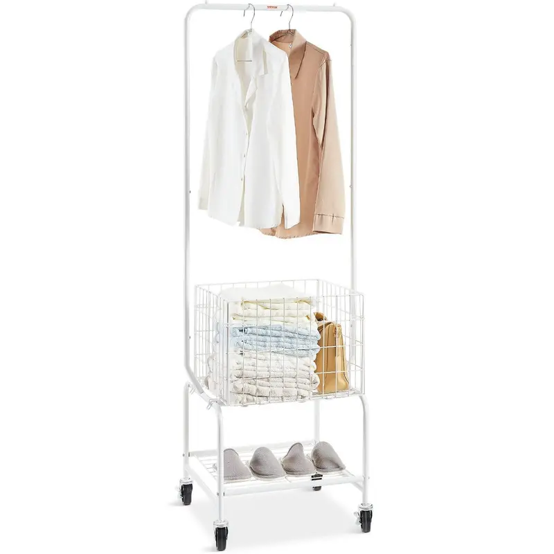 Metal Rolling Laundry Basket With Hanging Garment Rack, Height Adjustment Laundry Hamper Cart With Basket Load And Shelf Load, Storage Organizer With Heavy Duty Lockable Wheels 1