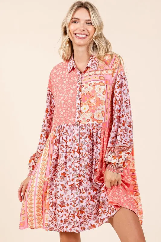 Mittoshop Floral Button Detail Long Sleeve Shirt Dress 1