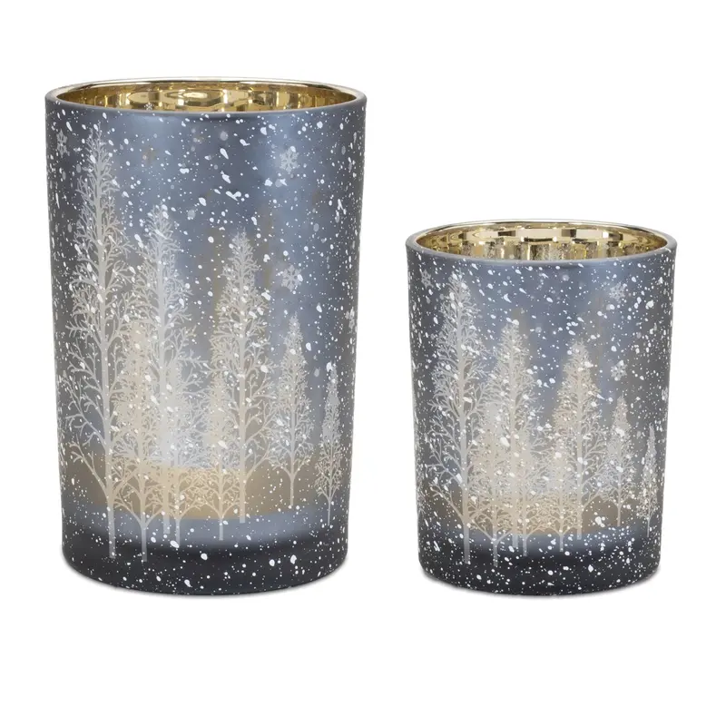 Navy Pine Tree Glass Candle Holder (Set Of 2) 1