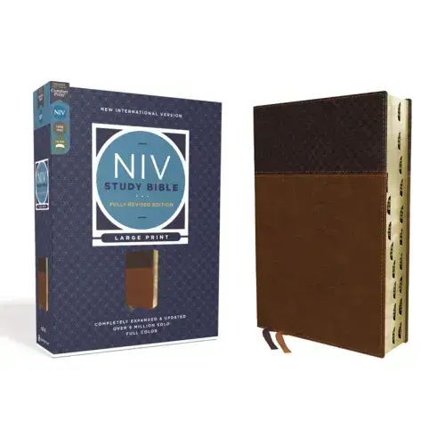 Niv Study Bible, Fully Revised Edition, Large Print, Leathersoft, Brown, Red Letter, Thumb Indexed, Comfort Print - Imitation Leather 1