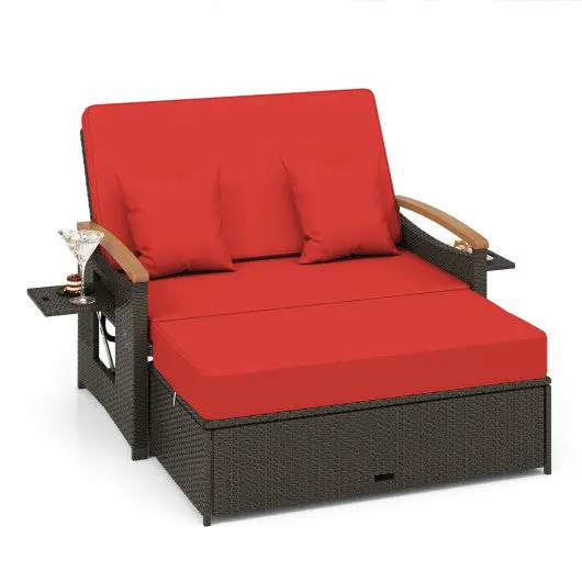 Outdoor Wicker Daybed With Folding Panels And Storage Ottoman-Red 1