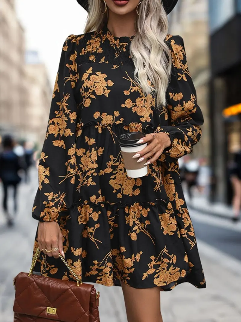 Perfee Frill Printed Long Sleeve Mini Dress 1