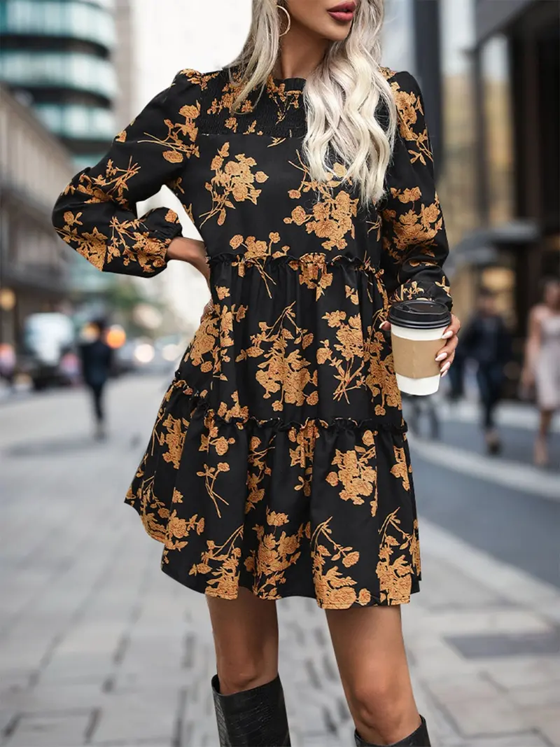 Perfee Frill Printed Long Sleeve Mini Dress 3