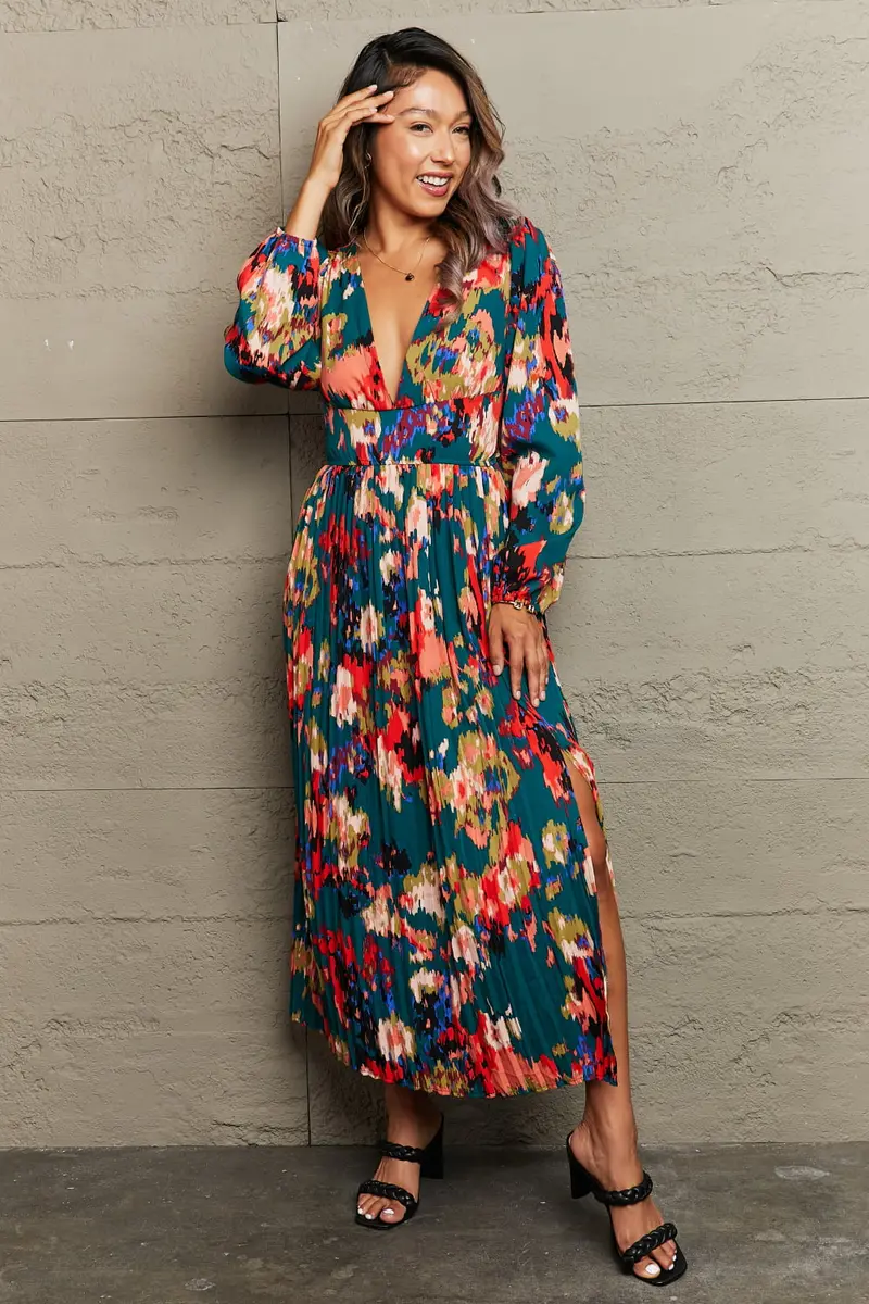 Perfee Printed Deep V Slit Pleated Dress 1