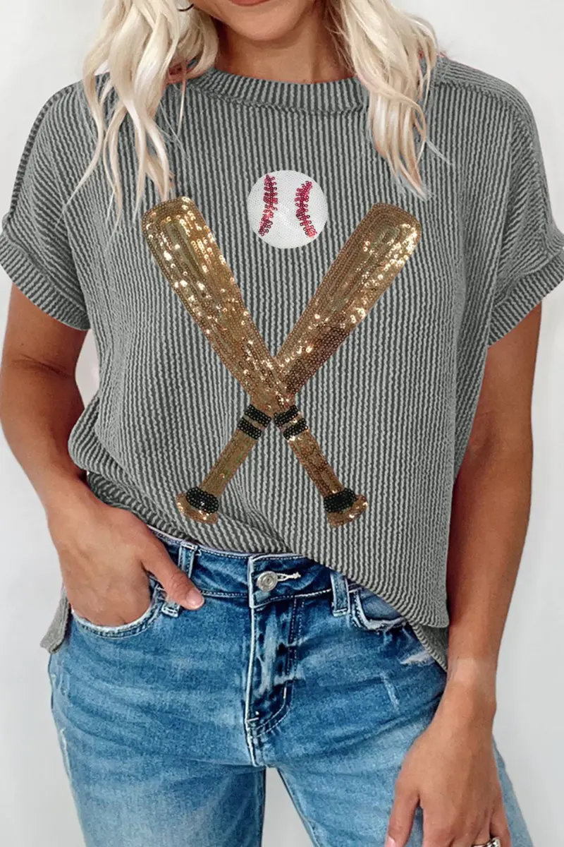 Sequin Baseball Round Neck Short Sleeve T-Shirt 1