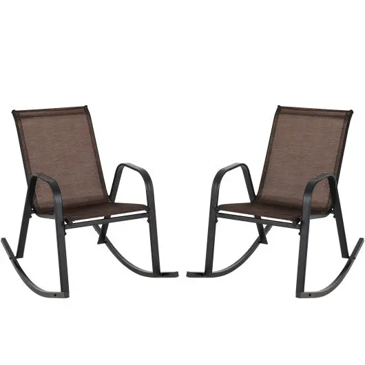 Set Of 2 Heavy-Duty Metal Patio Rocking Chair With Breathable Seat Fabric-Brown 1