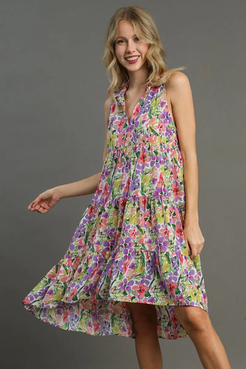 Umgee Full Size High-Low Hem Floral Sleeveless Tiered Dress Plus Size 1