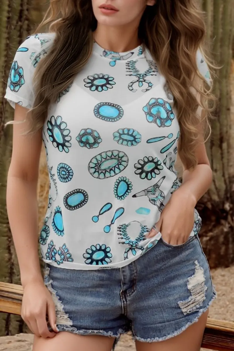 Western Turquoise Printed Crewneck Slim Fit Tee 1