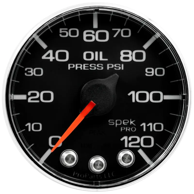 Autometer Spek-Pro Oil Pressure Gauge – 2-1/16" Dial, 120 Psi, Stepper Motor, Black/Chrome With Peak Hold & Warning 1