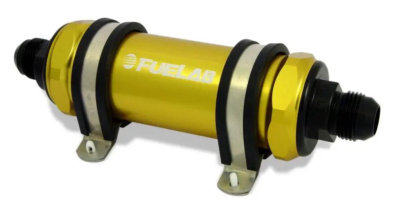 Fuelab 828 Inline Fuel Filter – -10An Fittings, 100-Micron Stainless Steel Element, Gold Anodized Housing 1