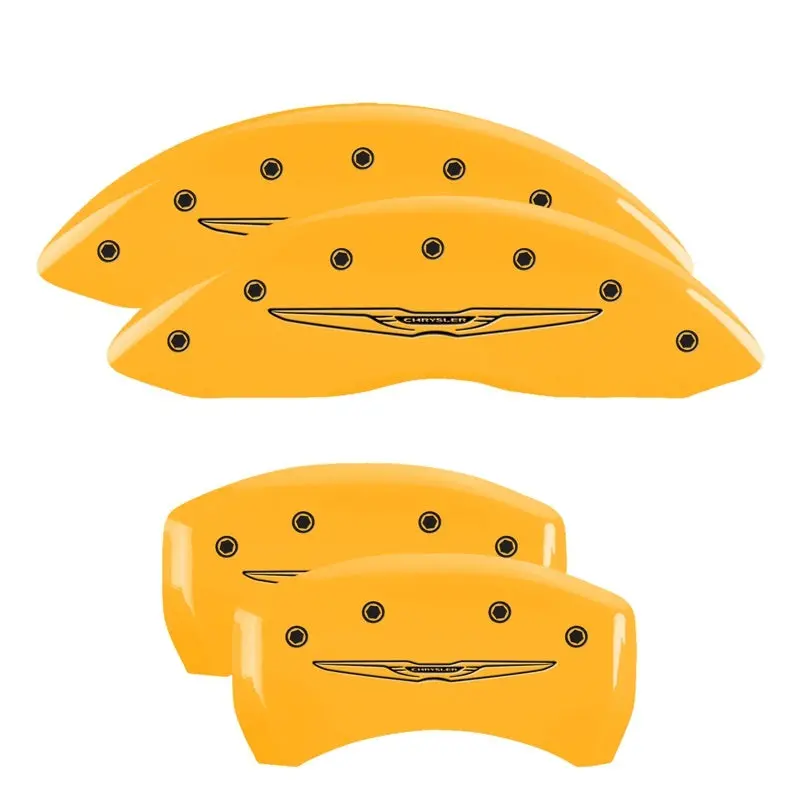 Mgp Engraved 4-Piston Caliper Covers – Front And Rear, Chrysler Wing Style, Yellow Finish With Black Accents 1