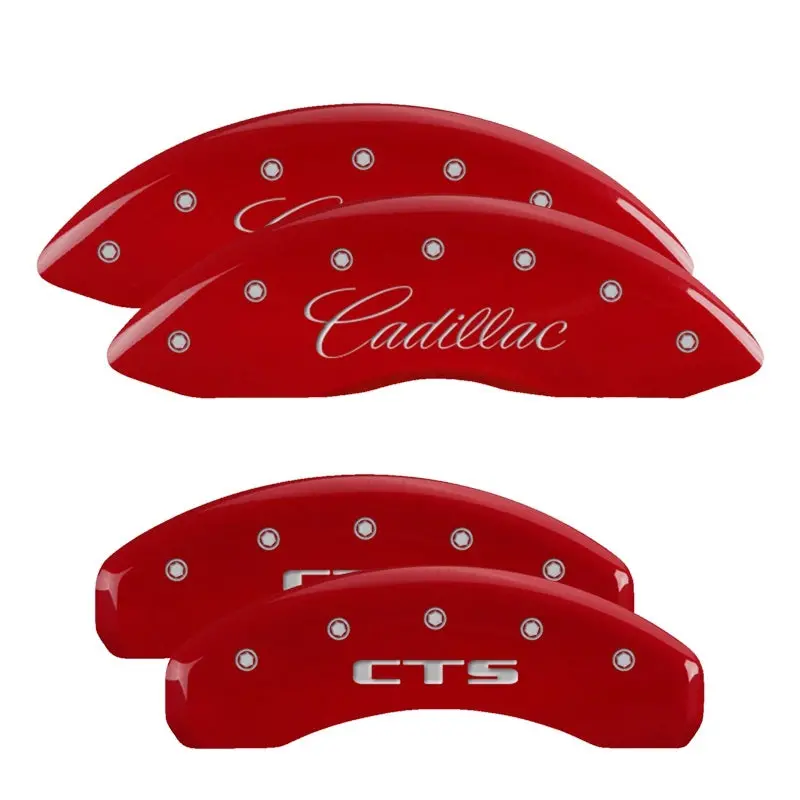 Mgp Engraved 4-Piston Caliper Covers – Front (Cursive) & Rear (Cadillac Logo), Red Finish With Silver Chrome Accents 1