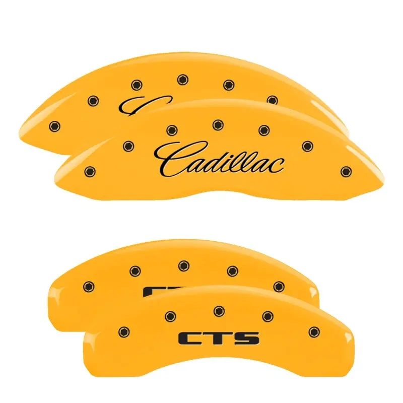 Mgp Engraved Caliper Covers For 2010 Cadillac Srx – Front & Rear, Cursive Design, Cadillac Yellow On Black 1